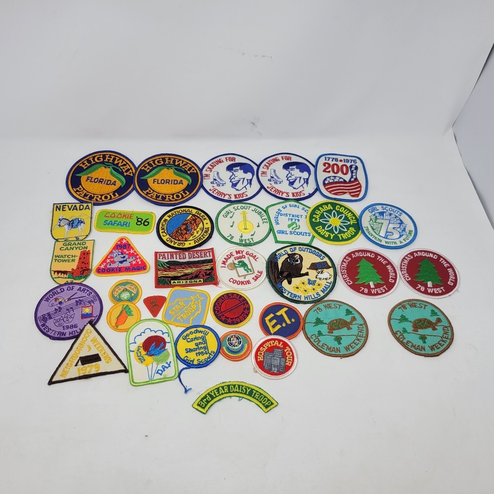 Large Lot Of Patches Highway Patrol, Girl Scouts, Bowling, Skating, Cookie Magic
